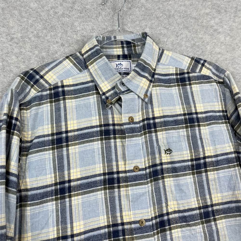Southern Tide Shirt Mens Medium Blue Yellow Plaid Classic Flannel‎ Button Down
